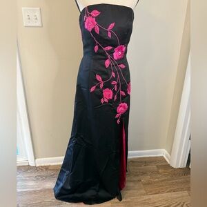 Jovani elegant black strapless maxi dress pink floral beaded split hem SZ 8